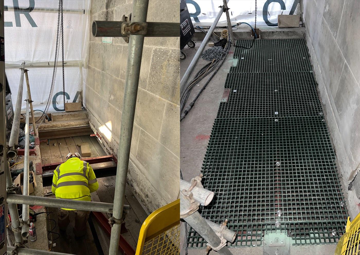 Before and after: the open void, then the finished grating